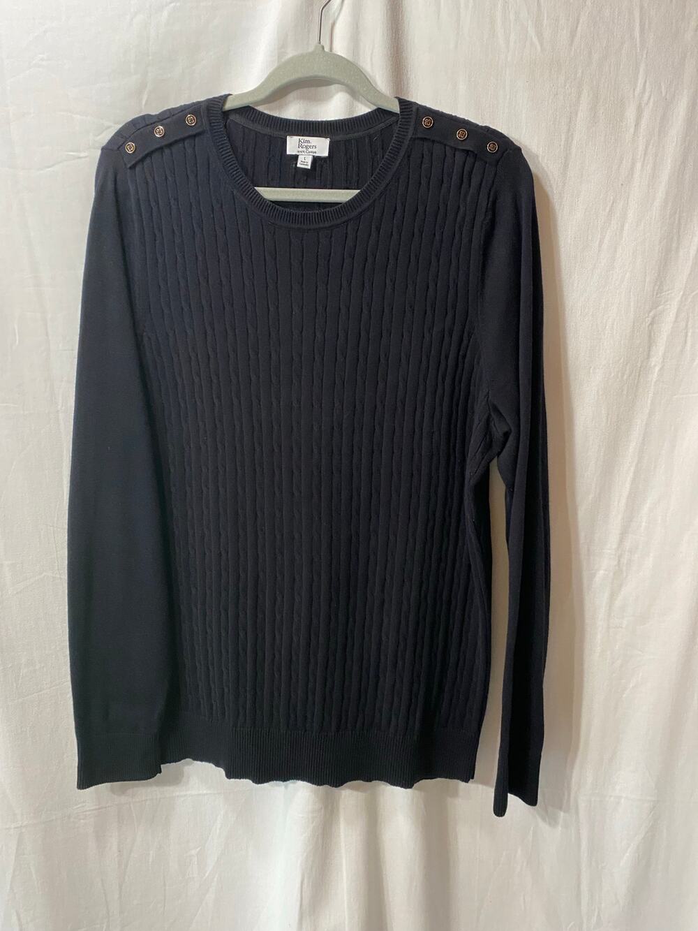 Kim Rogers Black Boat Neck Cable Knit Sweater 100% Cotton Large Ladylike